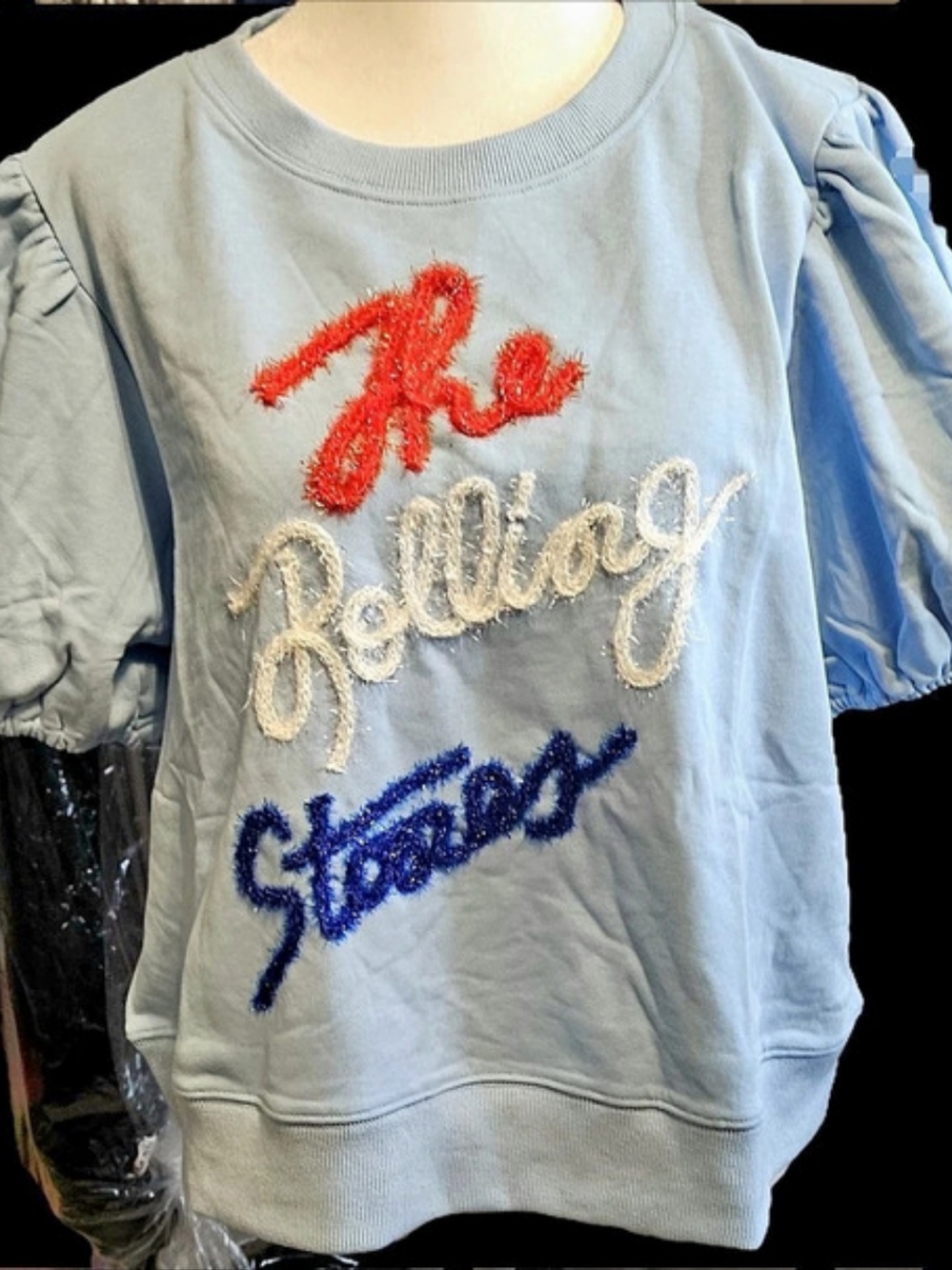 Fantastic Fawn Rolling Stones Sequin Tongues Top Blue W/bell Sleeves Variety Szs
